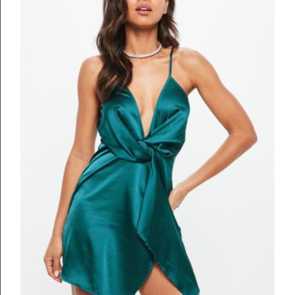 Missguided Satin Twist-Front Dress Emerald Green